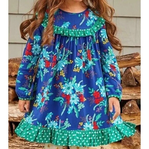 Matilda Jane Merry & Bright Girls Dress Size 6 Blue Floral Ruffles Long Sleeve - Picture 2 of 8